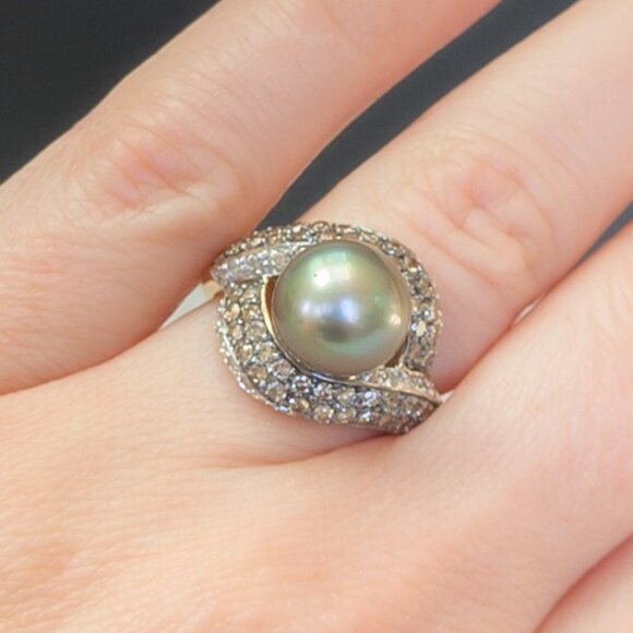 14k Yellow Gold Tahitian Pearl & Champagne Diamond Pavé Bypass Ring — 10mm, sz 6 - Picture 9 of 9